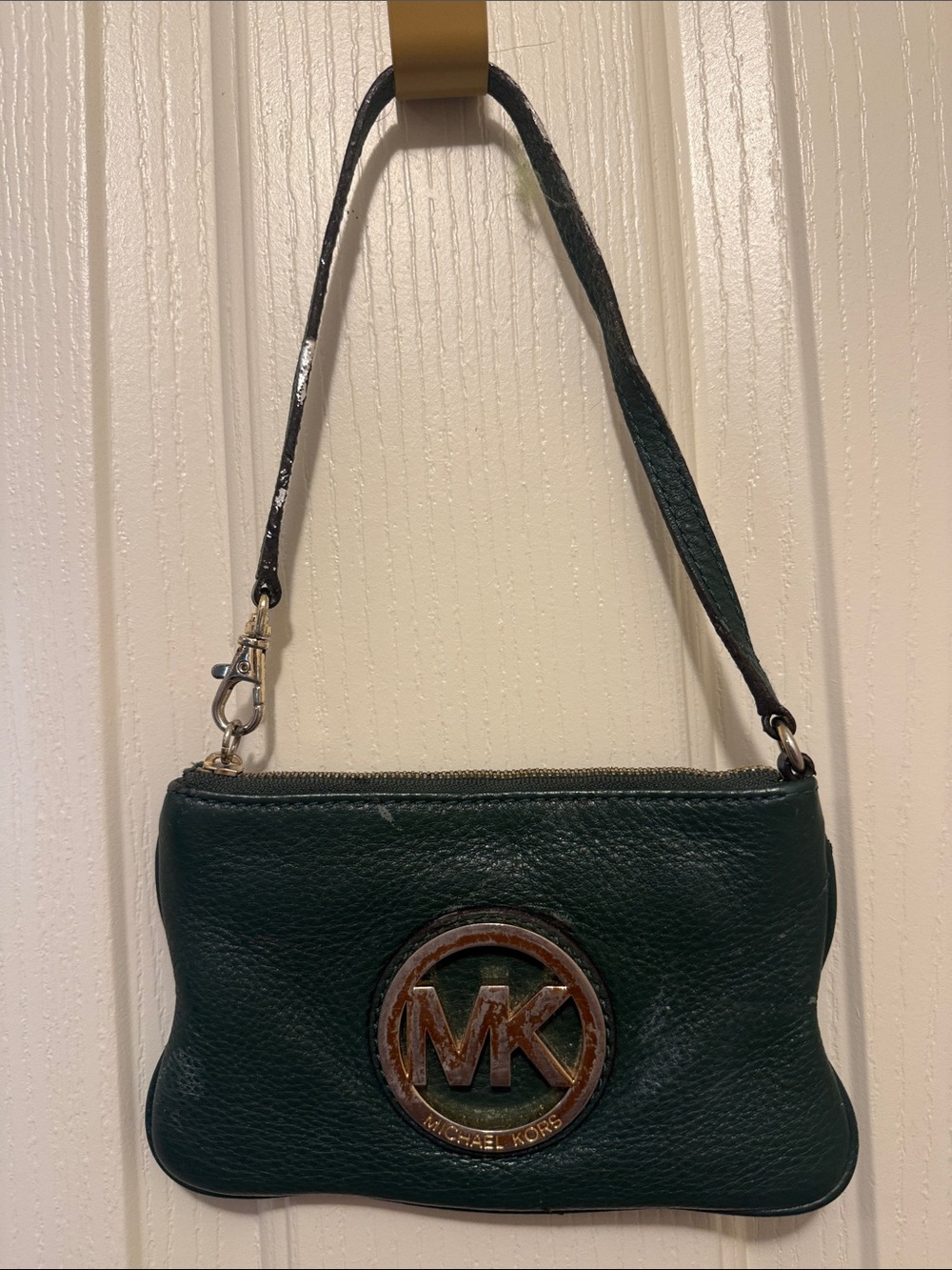 Michael Kors Forest Green Leather Wristlet with MK Emblem